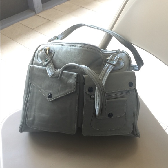 Gray leather satchel style with compartments - Picture 2 of 2